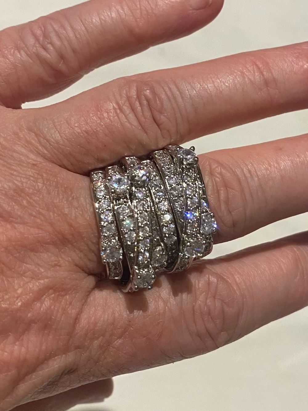 Wide Bold Silver Tone Ring with Clear Crystals Sz 8.5